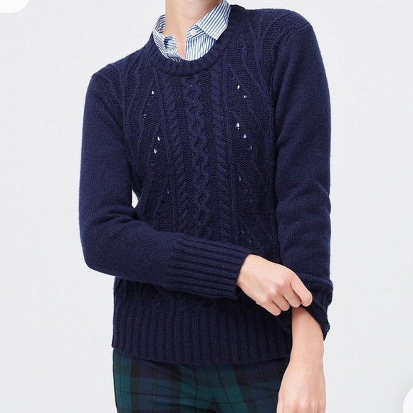 J. Crew Factory | Pointelle Cable Knit Wool Blend Sweater, Navy, Size M - Picture 1 of 8